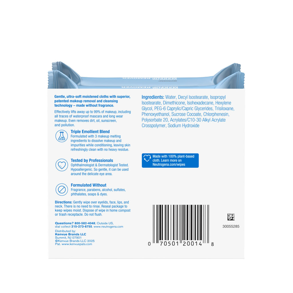 Neutrogena Fragrance-Free Makeup Remover Wipes, Daily Facial Cleanser Towelettes, Gently Removes Oil & Makeup, Alcohol-Free Makeup Wipes, 50 Count (2 Packs of 25)