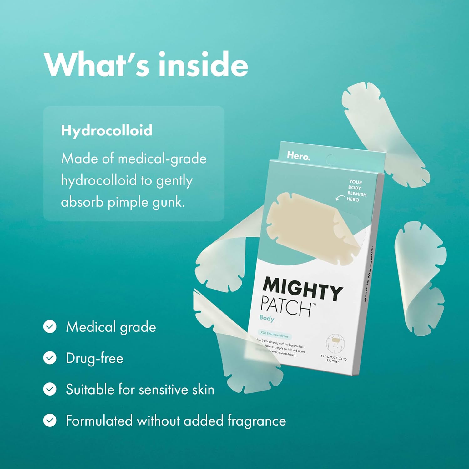 Mighty Patch Hero Cosmetics Body Patch– The XXL Hydrocolloid Patch for Bacne, Chestne, and Other Body Breakouts. Derm-Tested. Medical-Grade Hydrocolloid. Absorbs Pimple Gunk in 6-8 Hours. 4ct